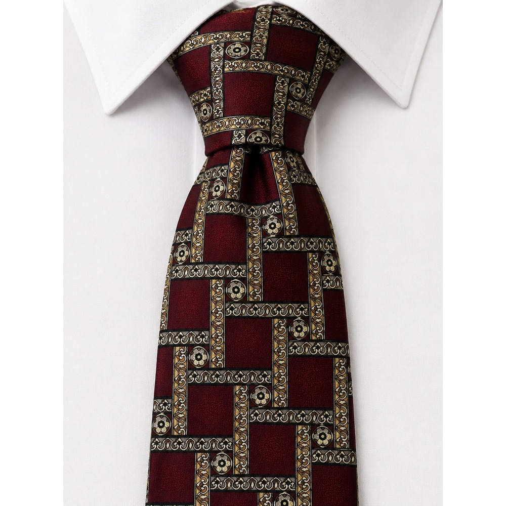 Fierte s.r.l. Mens Burgundy Gold Geometric Tile Silk Tie Made in Italy‎ 56 Inch